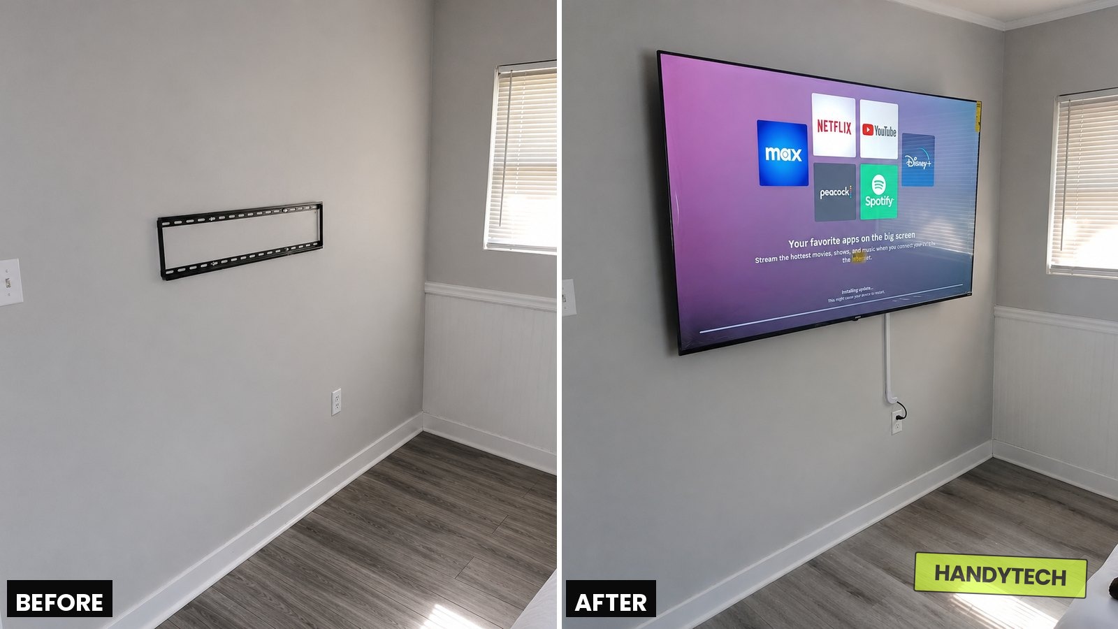 Before and after 75 inch TV mounted on drywall in Hattiesburg MS by HandyTech LLC